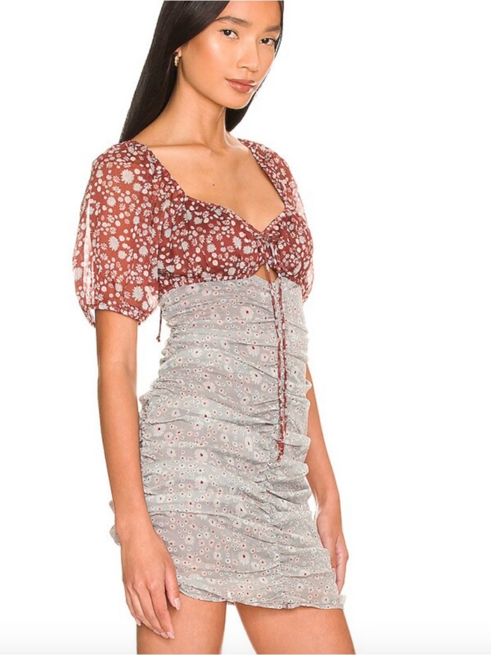 Free People Dress Women's Small Gray Brown Tessa Mini Storm Combo Floral SZ XS.